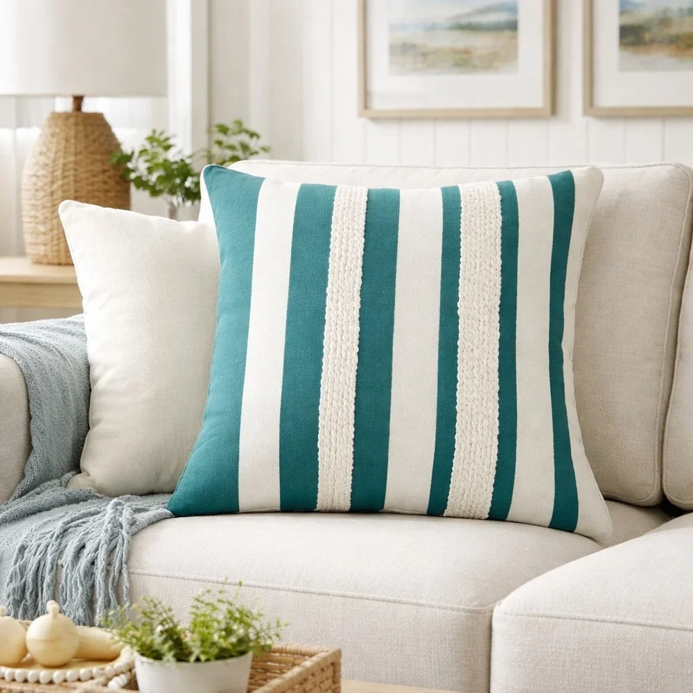Rizzy Home Oversized Teal Striped Throw Pillow Cover Cotton Coastal Accent 20x20